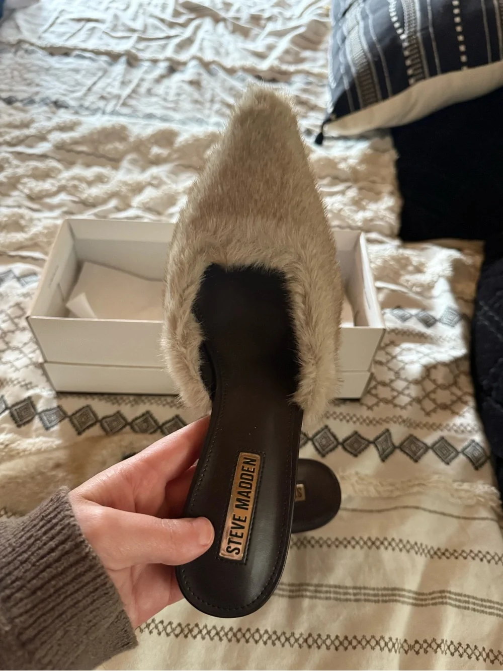 Steve Madden Beige Faux-Fur Slide Mules